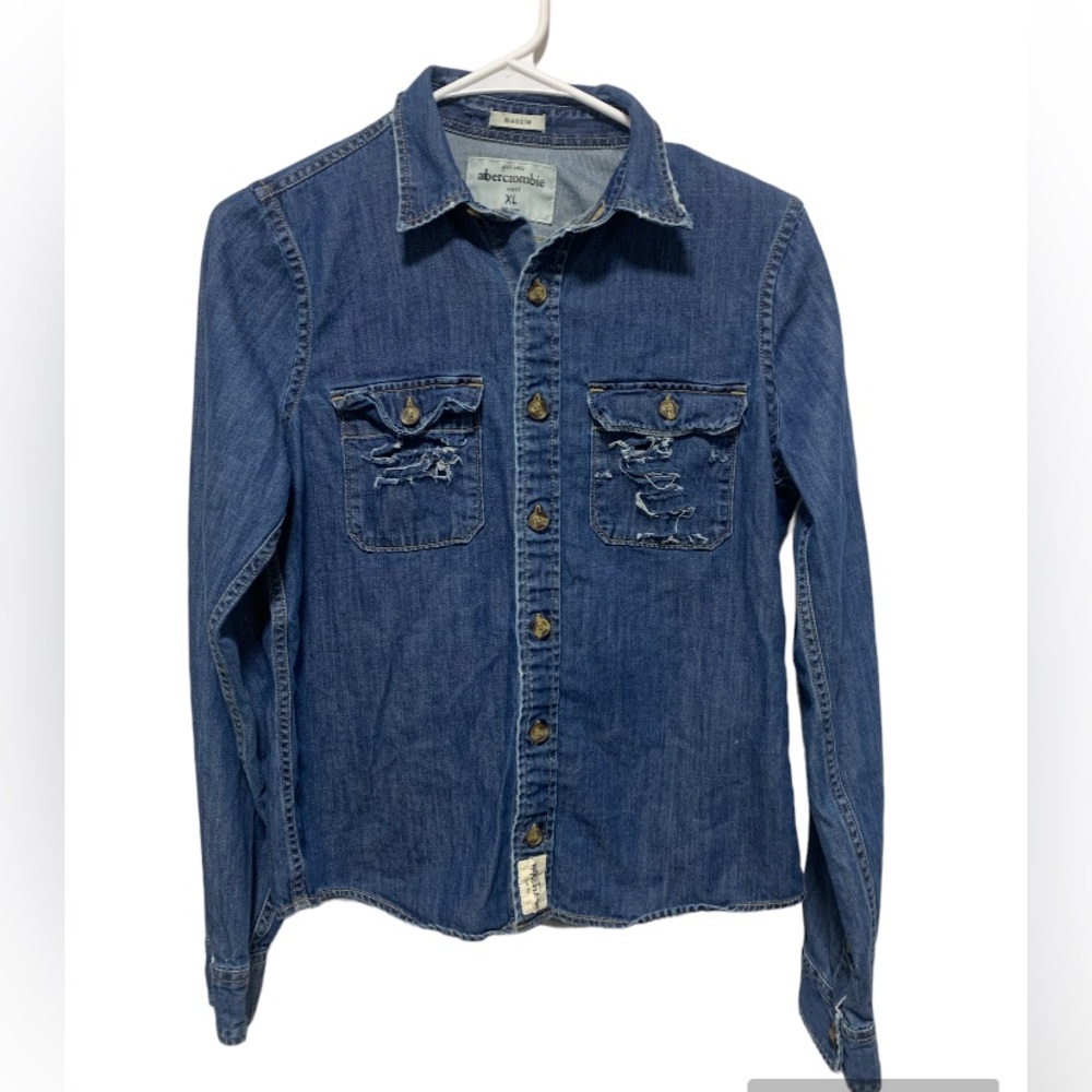 Abercrombie Kids Denim Button Long Sleeve Collard Shirt Jean distressed Size XL
